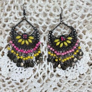 Boho Filigree Pink Yellow Black Beaded Dangle Chandelier Drop Burnished Fun Bead